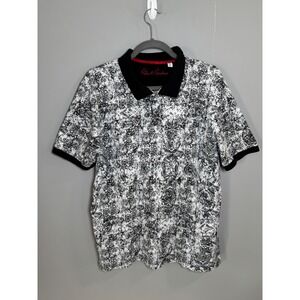 Robert Graham Mens Classic Fit Polo Shirt Black White Ornate Damask Cotton‎ L